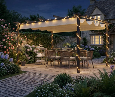 4m x 3m Metal Pergola – Dark Grey Frame with Beige Canopy Roof