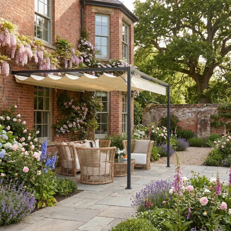 4m x 3m Metal Pergola with Retractable Sliding Canopy – Cream Garden Shade Gazebo for Patio & Deck