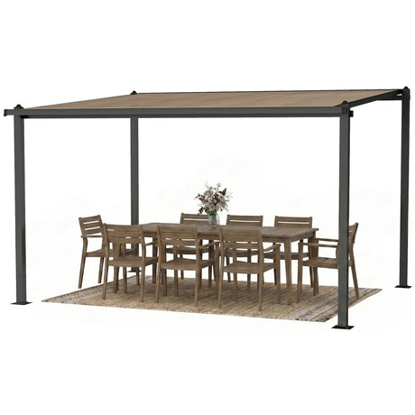 3.6m x 3m Lean-To Metal Pergola with Polycarbonate Hardtop Roof & Drainage Gutters – Aluminium Wall-Mounted Gazebo Patio Cover, Modern Outdoor Shelter, Dark Grey