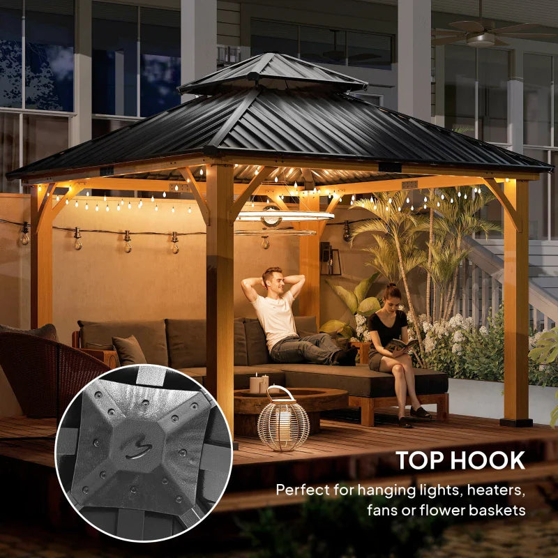 33.5m x 3.5m Wooden Hardtop Gazebo with Two Tier Black Metal Roof - Garden Pavilion Shelter