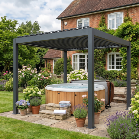 3m x 3m Electric Louvered Aluminium Pergola – Remote Control Roof, Built-In LED Lights, Integrated Drainage, UV & Water Resistant Hardtop Gazebo