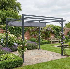 3m x 3m Retractable Roof Aluminium Pergola – Dark Grey Patio Gazebo Shelter with Drainage Grommets, Ground Fixings & Outdoor Shade Canopy