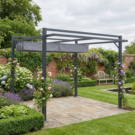 3m x 3m Retractable Roof Aluminium Pergola – Dark Grey Patio Gazebo Shelter with Drainage Grommets, Ground Fixings & Outdoor Shade Canopy