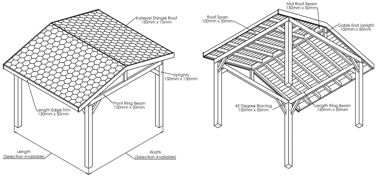 Oak Wooden Gazebo - Katepal Grey Shingle Roof - Apex Design - No Overhang