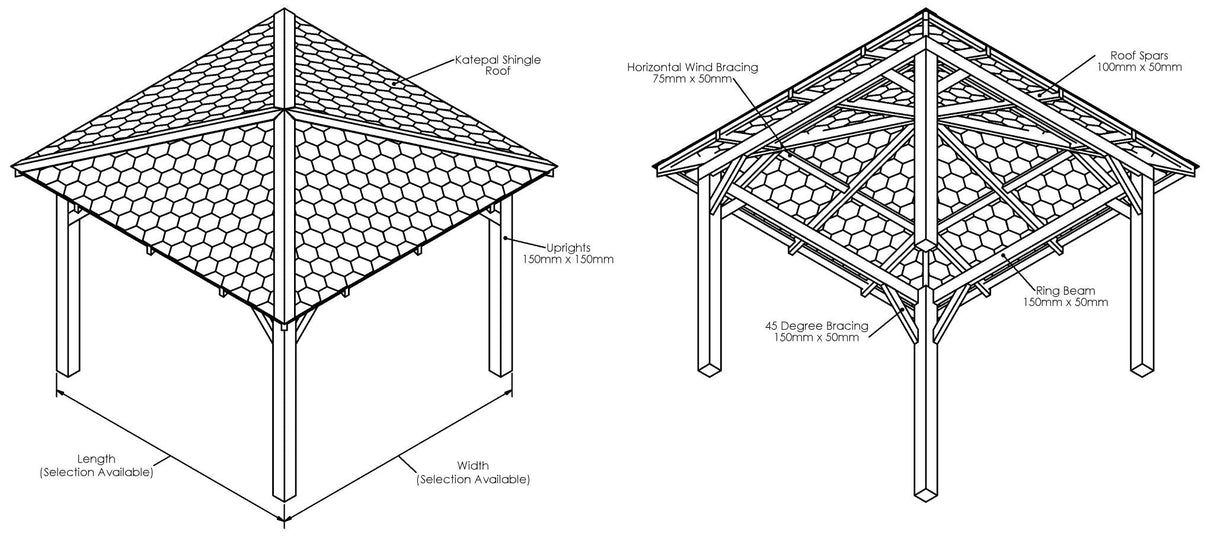 Wooden 4 Pitch Gazebo with Katepal Red Shingle Roof - Premium Garden Gazebo Structure