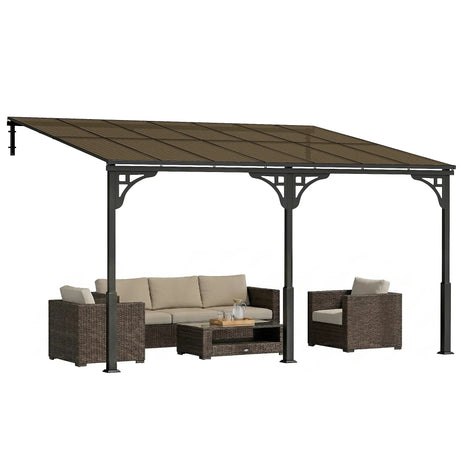 4m x 3m Wall-Mounted Lean-To Pergola with Polycarbonate Hardtop Roof – Heavy Duty Aluminium Garden Gazebo, Weatherproof Patio & BBQ Shelter, Modern Brown