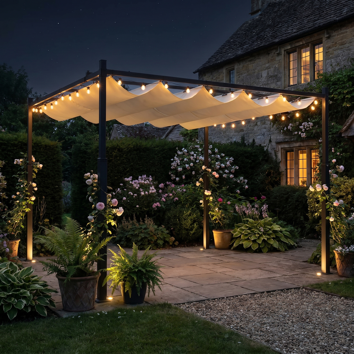 3m x 3m Retractable Roof Garden Pergola – Cream White Sun Shade Canopy, Outdoor Patio Shelter