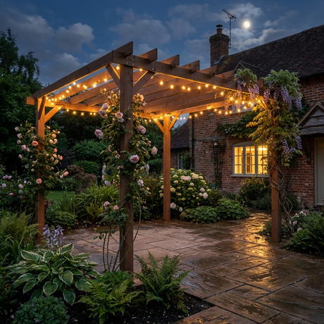 3m x 3m Wooden Pergola Kit - Maple Wood-Effect Garden Pergola Gazebo with Grape Trellis Roof and Triangle Supports
