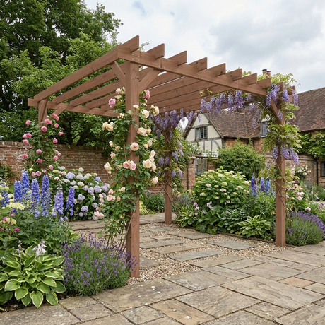 3m x 3m Wooden Pergola Kit - Maple Wood-Effect Garden Pergola Gazebo with Grape Trellis Roof and Triangle Supports
