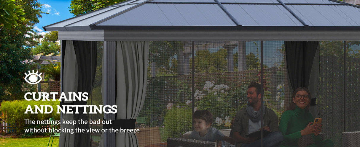 3.6m x 4.2m Aluminium Hardtop Gazebo with Polycarbonate Roof - Permanent Garden Pavilion with Curtains & Netting