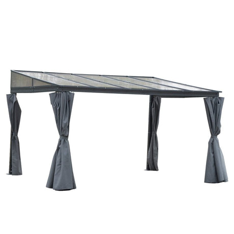 4 x 3m Grey Aluminium Garden Pergola: Outdoor Hardtop Gazebo with Polycarbonate Roof, Sun Shade Shelter, and Curtains - Trade Warehouse