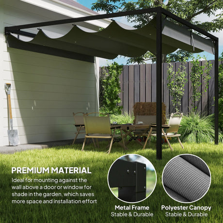 3m x 3m Lean-To Pergola – Grey Retractable Canopy Roof, Wall Mounted Outdoor Patio Shade Shelter