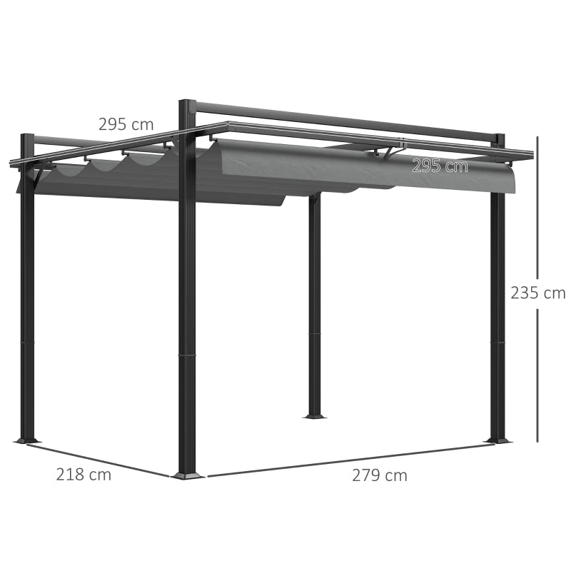 3m x 3m Retractable Roof Aluminium Pergola – Dark Grey Patio Gazebo Shelter with Drainage Grommets, Ground Fixings & Outdoor Shade Canopy