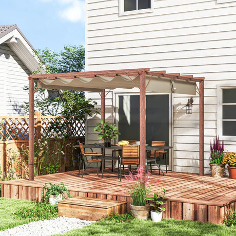 3m x 3m Retractable Roof Pergola – Natural Wood Effect Finish, Outdoor Garden Shade Canopy Shelter