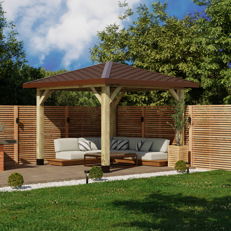 Wooden 4 Pitch Gazebo with Katepal Brown Shingle Roof - High Quality Weatherproof Garden Gazebo
