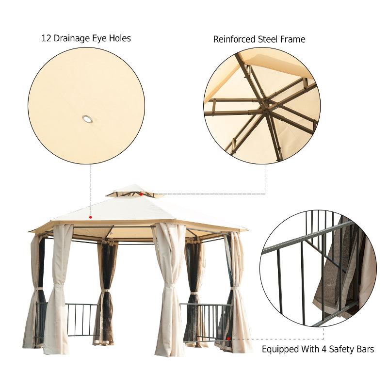 Beige 3m x 3m Hexagonal Gazebo With Curtains