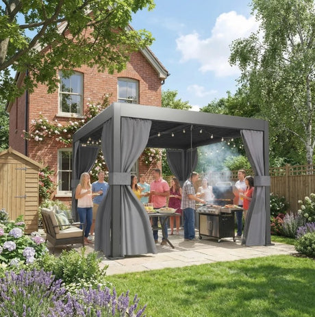 3m x 3m Louvered Pergola with Adjustable Metal Roof – Aluminium Patio Gazebo with Curtains & Netting, Modern Outdoor Garden Shelter in Dark Grey