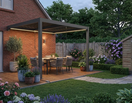 3x3m Wall Mounted Louvered Metal Pergola with LED Lights, Aluminium Frame & Adjustable Metal Roof – Dark Grey Patio Gazebo