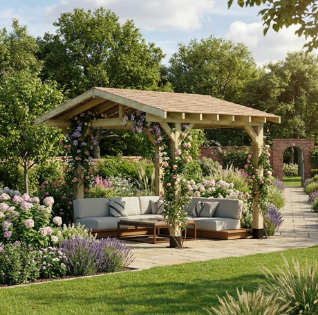 Wooden Apex Gazebo with Cedar Shingle Roof – With Overhang Design