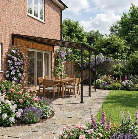 4m x 3m Wall-Mounted Lean-To Metal Pergola with Polycarbonate Hardtop Roof – Heavy Duty Aluminium Garden Gazebo, Weatherproof Patio & BBQ Shelter, Modern Brown