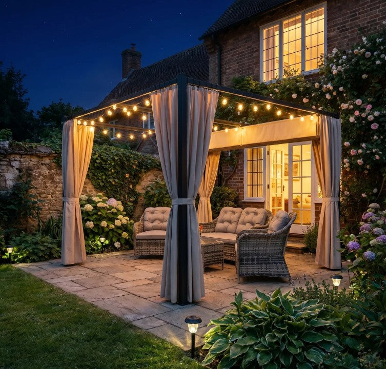 3m x 3m Retractable Metal Pergola Gazebo with Curtains – Outdoor Patio & Deck Shelter, Adjustable Canopy Shade for BBQ & Grill Area, Beige