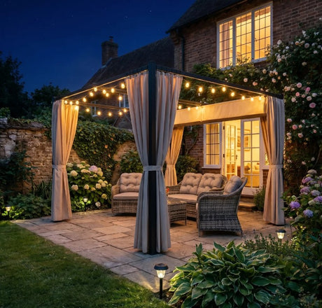 3m x 3m Retractable Metal Pergola Gazebo with Curtains – Outdoor Patio & Deck Shelter, Adjustable Canopy Shade for BBQ & Grill Area, Beige