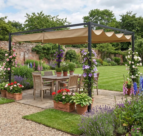 4m x 3m Metal Garden Pergola – Khaki Outdoor Shade Canopy