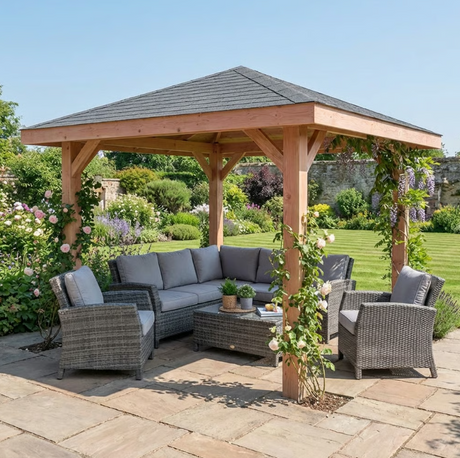 Planed Larch 4-Pitch Gazebo with Katepal Grey Shingle Roof