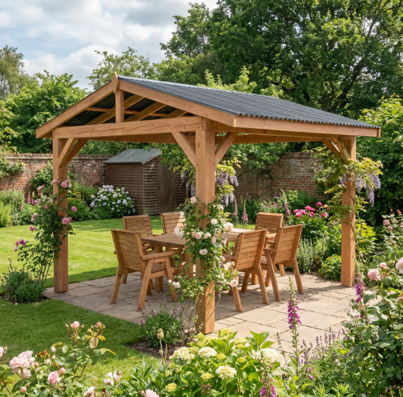 Rough Sawn Larch Garden Gazebo with Corrugated Metal Featheredge Roof – Apex No Overhang