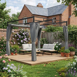 3m x 3m Pergola with Retractable Roof Canopy – UPF30+ Garden Gazebo with Curtains, Heavy-Duty Metal Frame Outdoor Sun Shade in Dark Grey