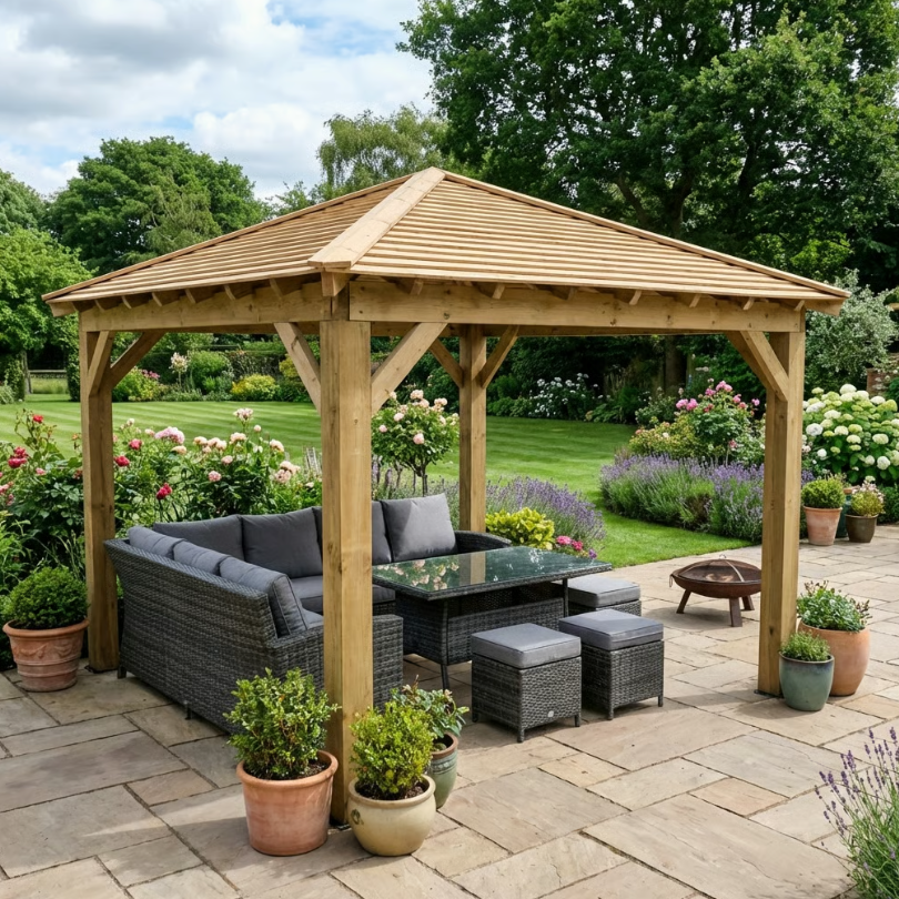 Wooden 4 Pitch Gazebo with Cedar Featheredge Roof – Classic Garden Shelter