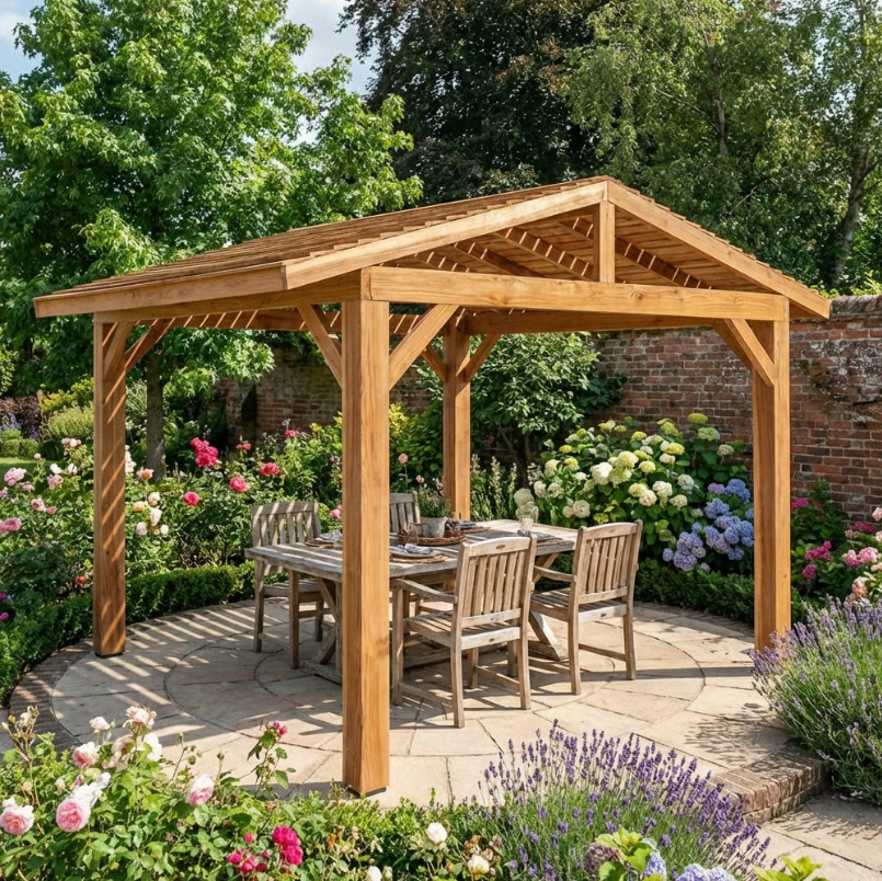 Planed Cedar Pergola with Cedar Featheredge Roof – No Overhang Design