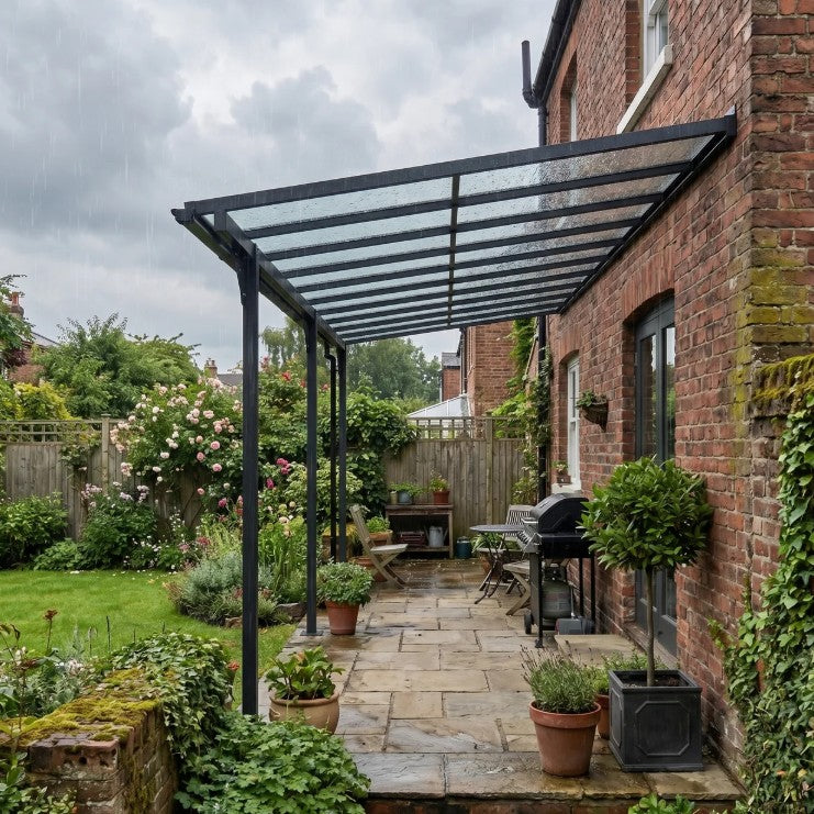4.35m x 3m Wall Mounted Pergola with Retractable Canopy, Aluminium Frame & Polycarbonate Roof – Grey Patio Cover