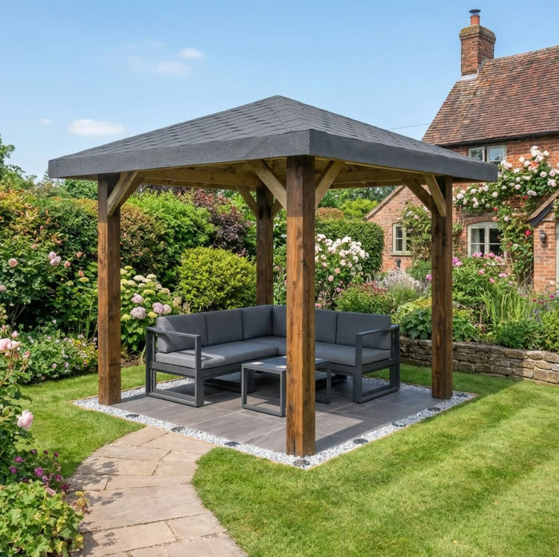 Wooden 4 Pitch Gazebo with Katepal Grey Shingle Roof - Premium Weatherproof Garden Gazebo