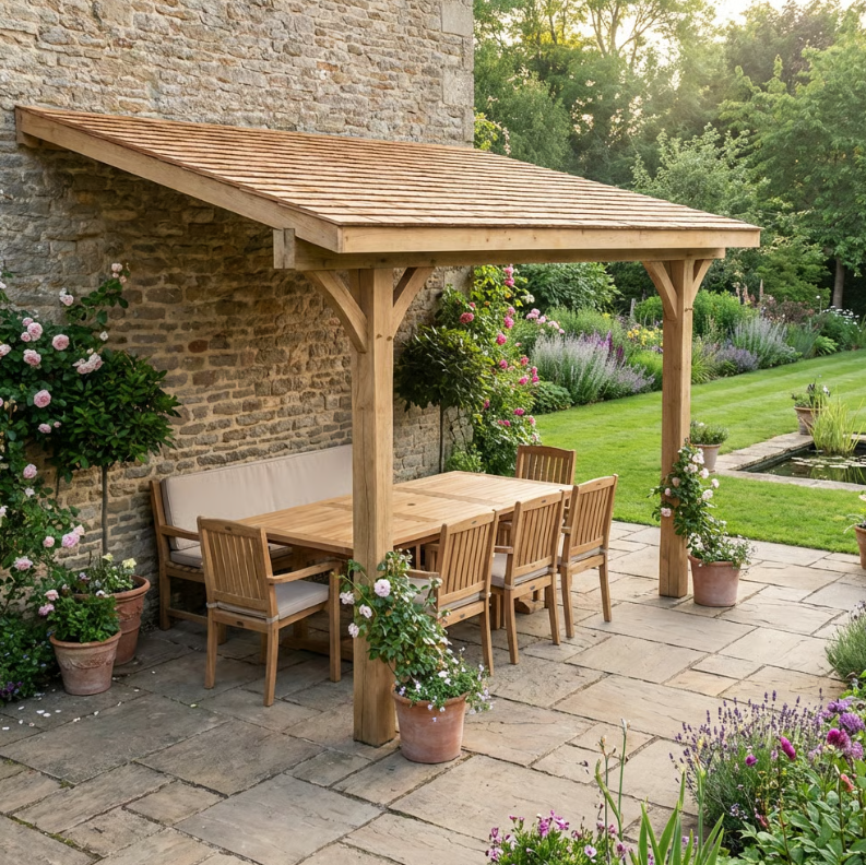 Oak Lean-To Gazebo with Cedar Shingle Roof