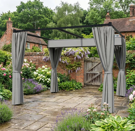3m x 3m Pergola Canopy with Grey Curtains – Includes 8 Expansion Screws, Outdoor Patio Shade Shelter