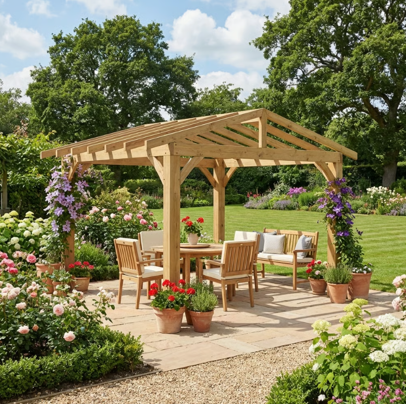 Cedar Pergola with Open Roof – No Overhang Design