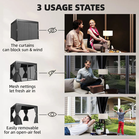 3m x 3m Louvered Pergola with Adjustable Metal Roof – Aluminium Patio Gazebo with Curtains & Netting, Modern Outdoor Garden Shelter in Dark Grey