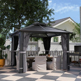 Dark Grey 3m x 3m Hardtop Gazebo - 7mm Double Polycarbonate Roof, Permanent Pavilion with Mosquito Netting and Curtains for Patio and Deck