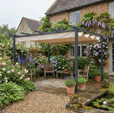 4m x 3m Metal Pergola – Dark Grey Frame with Beige Canopy Roof