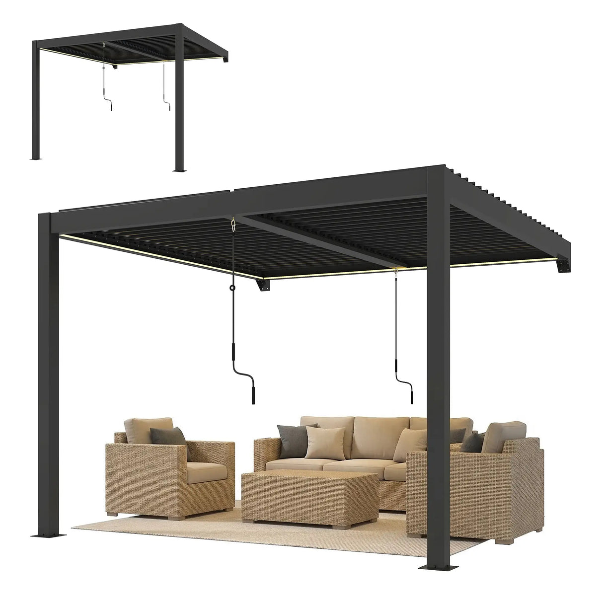 3x3m Wall Mounted Louvered Pergola with LED Lights, Aluminium Frame & Adjustable Metal Roof – Dark Grey Patio Gazebo