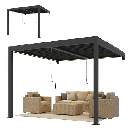 3x3m Wall Mounted Louvered Pergola with LED Lights, Aluminium Frame & Adjustable Metal Roof – Dark Grey Patio Gazebo