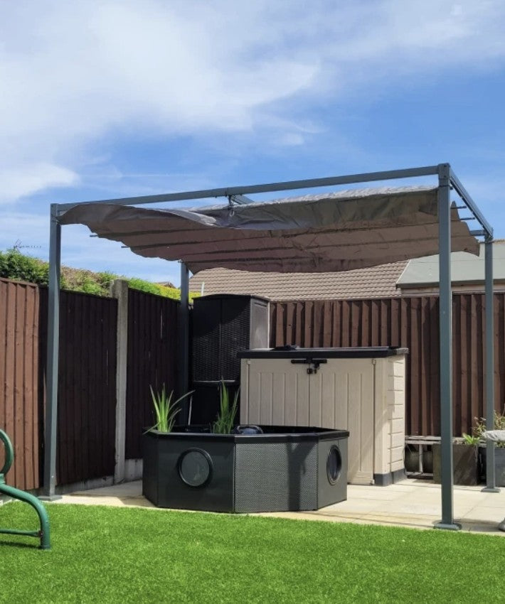 4m x 3m Metal Pergola – Black Retractable Canopy Roof, Outdoor Patio Garden Shade She