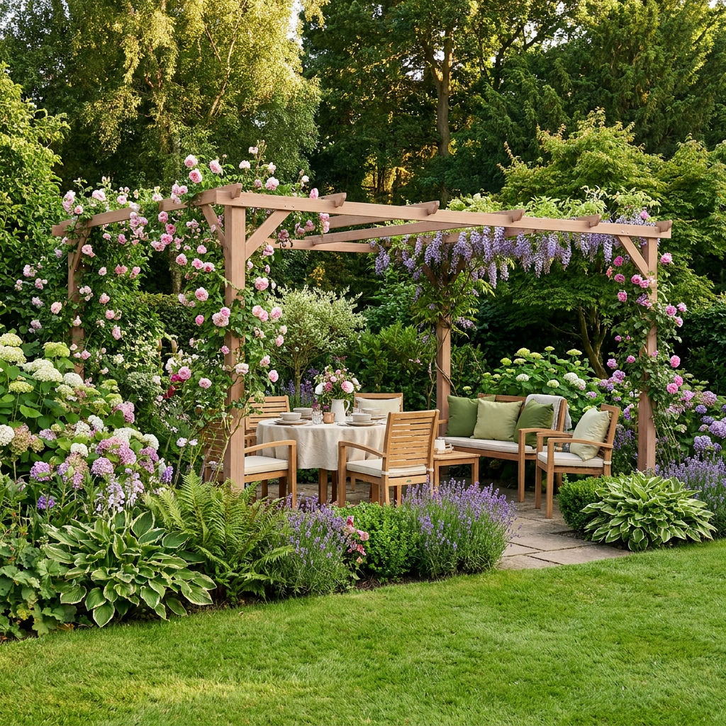 4x3m Wooden Pergola Kit with Triangle Supports – Garden Gazebo Grape Trellis Frame, 6-Beam Maple Wood-Effect Design