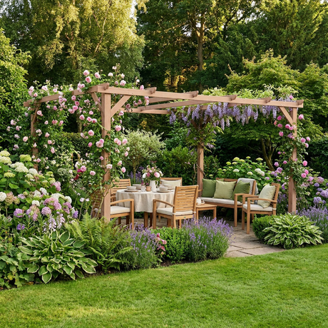 4x3m Wooden Pergola Kit with Triangle Supports – Garden Gazebo Grape Trellis Frame, 6-Beam Maple Wood-Effect Design