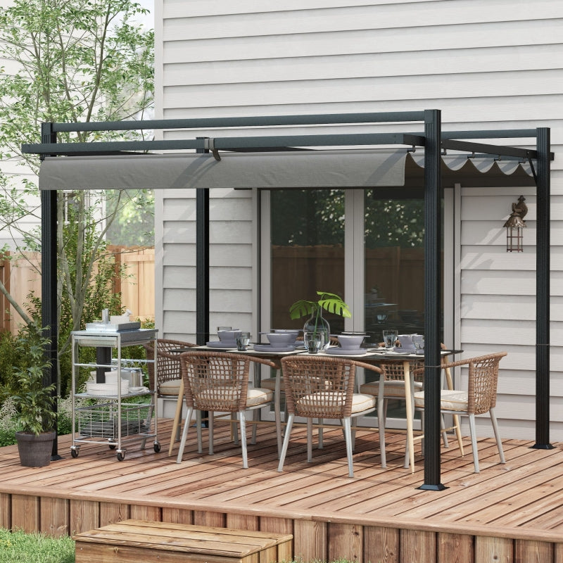 3m x 3m Retractable Roof Aluminium Pergola – Dark Grey Patio Gazebo Shelter with Drainage Grommets, Ground Fixings & Outdoor Shade Canopy