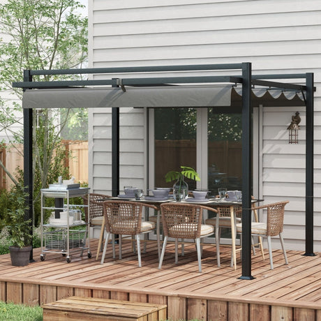 3m x 3m Retractable Roof Aluminium Pergola – Dark Grey Patio Gazebo Shelter with Drainage Grommets, Ground Fixings & Outdoor Shade Canopy
