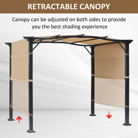 2.96m x 2.45m Steel Pergola – Khaki Retractable Double Side Canopy Roof, Adjustable Sun Shade Shelter with UV Resistant Fabric for Patio & Back Garden