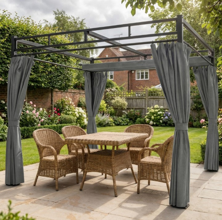 3m x 3m Pergola with Retractable Roof Canopy – UPF30+ Garden Gazebo with Curtains, Heavy-Duty Metal Frame Outdoor Sun Shade in Dark Grey