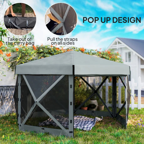 3x3m Hexagon Pop Up Gazebo - Waterproof, UV Resistant Party Tent with Netting - Light Grey Instant Event Shelter with Carry Bag